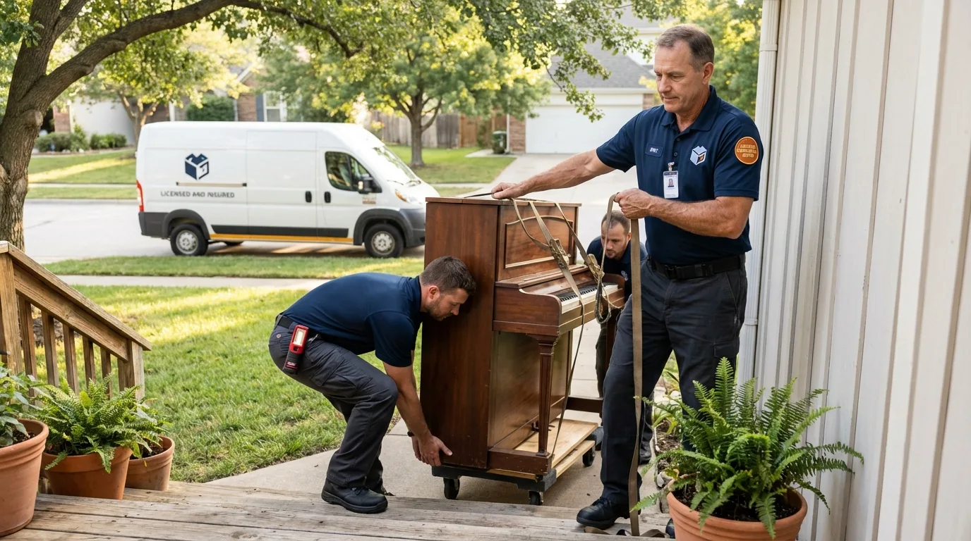 Licensed piano movers securing grand piano in Rockwall, TX