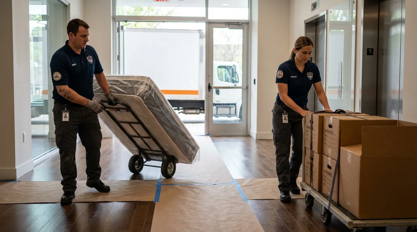 Professional apartment movers loading elevator in Rockwall, TX